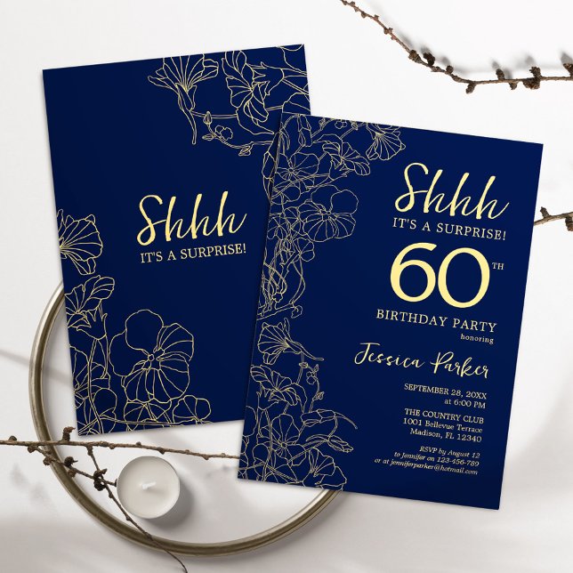 Navy Gold Surprise 60th Birthday Invitation (Creator Uploaded)