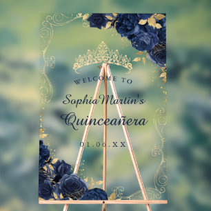 Navy Gold Swirl Floral Quinceanera Acrylic Sign