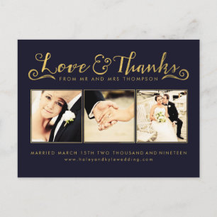 Navy Gold Thank You Script Typography Photo Postcard