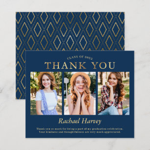 Navy Gold Three Photo Graduation Thank You Card