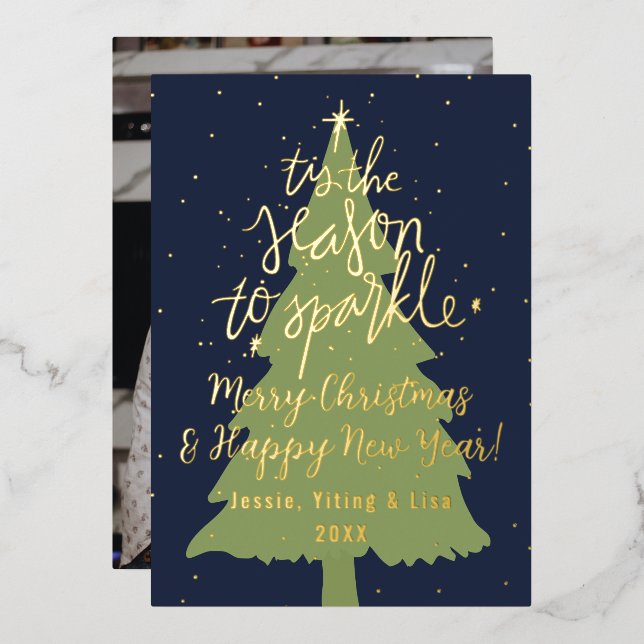 Navy Gold Tis The Season To Sparkle Christmas Tree Foil Holiday Card (Front/Back)