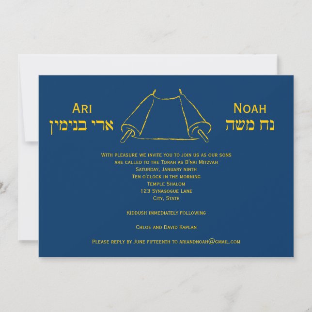 Navy Gold Torah Bar Mitzvah Invitation Twins (Front)