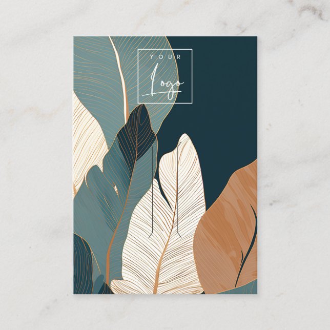 Navy Gold Tropical Leaf Logo Hairpin Clip Display Business Card (Front)
