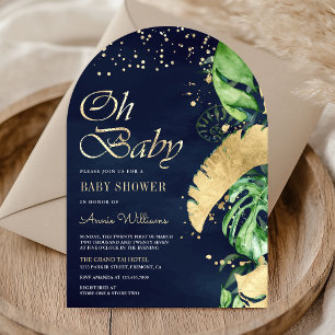 Navy Gold Tropical Monstera Palm Arch Baby Shower Invitation