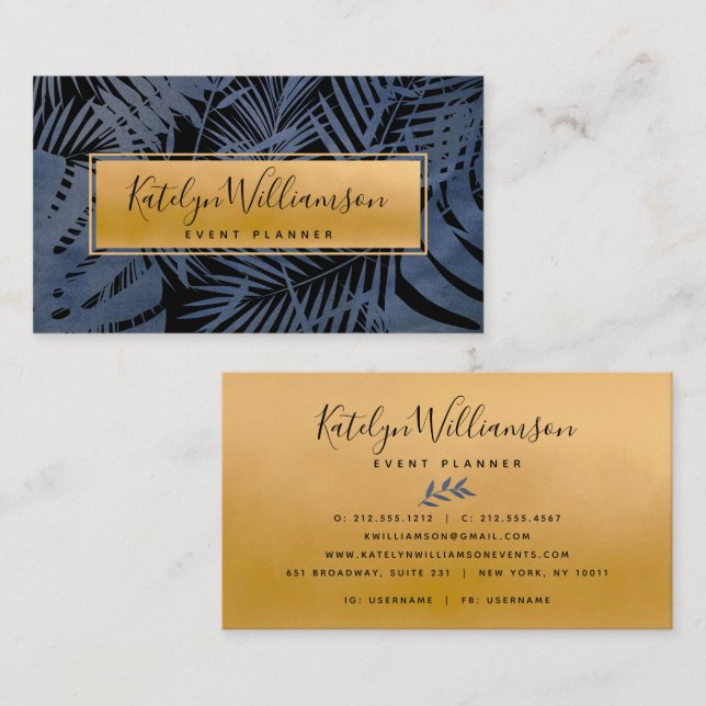 Navy gold tropical palm elegant script modern bold business card (Front/Back)