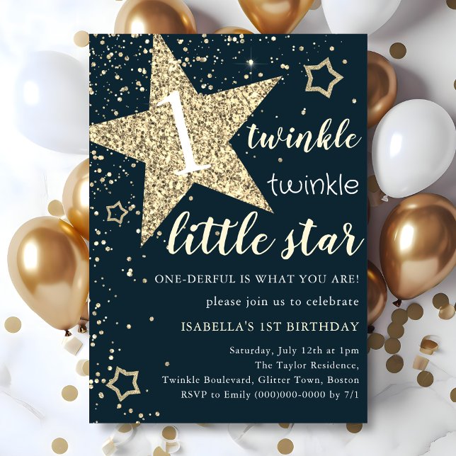Navy & Gold Twinkle Little Star 1st Birthday  Invitation (Creator Uploaded)