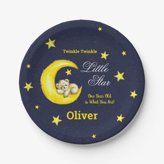 Navy Gold Twinkle Little Star 1st Birthday Paper Plate (Front)