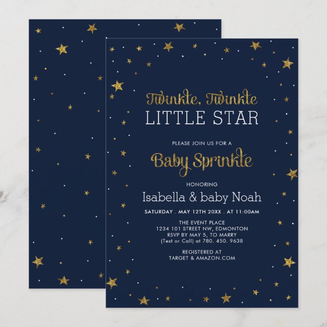 Navy & Gold | Twinkle Little Star Baby Sprinkle Invitation (Front/Back)