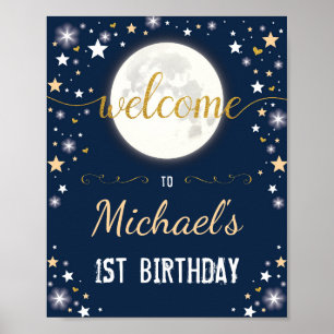 Navy Gold Twinkle Star Boy Birthday Moon Galaxy Poster