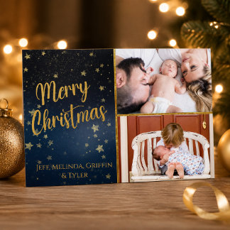 Navy Gold Two Photo Merry Christmas Card