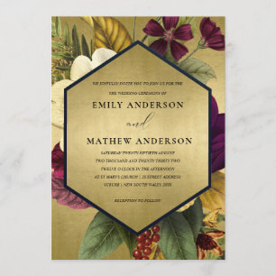 NAVY GOLD VINTAGE BURGUNDY OCHRE  FLORAL WEDDING INVITATION