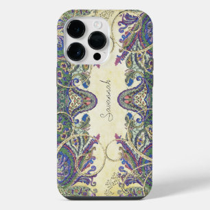 Navy Gold Vintage Peacock Paisley iPhone 14 Pro Max Case