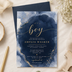 Navy & Gold Watercolor Baby Shower Invitation