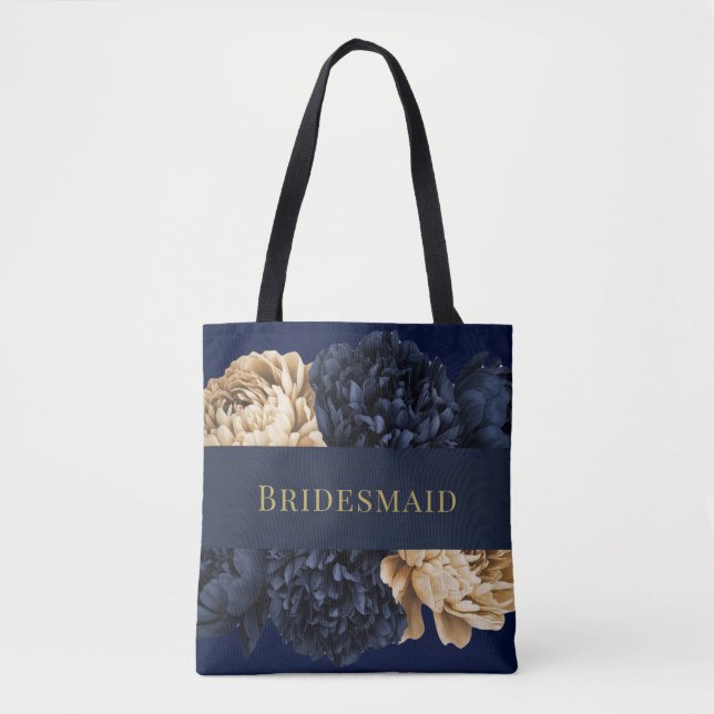 Navy Gold Watercolor Peony Bridesmaid Favour Gift Tote Bag (Front)