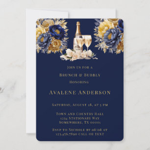 Navy Gold Watercolor Peony Brunch and Bubbly Invitation