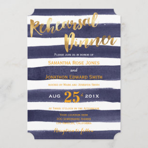 Navy Gold Watercolor Stripes Rehearsal Dinner Invitation