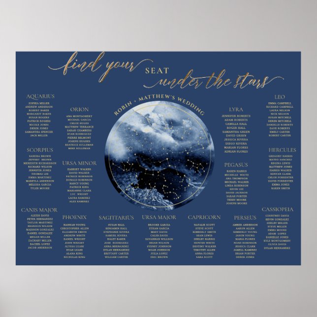 Navy, Gold Watercolor Table Seating Chart Sign (Front)
