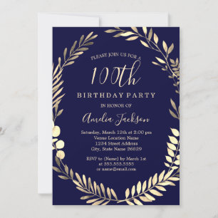 Navy Gold Watercolor Wreath 100th Birthday Invitation