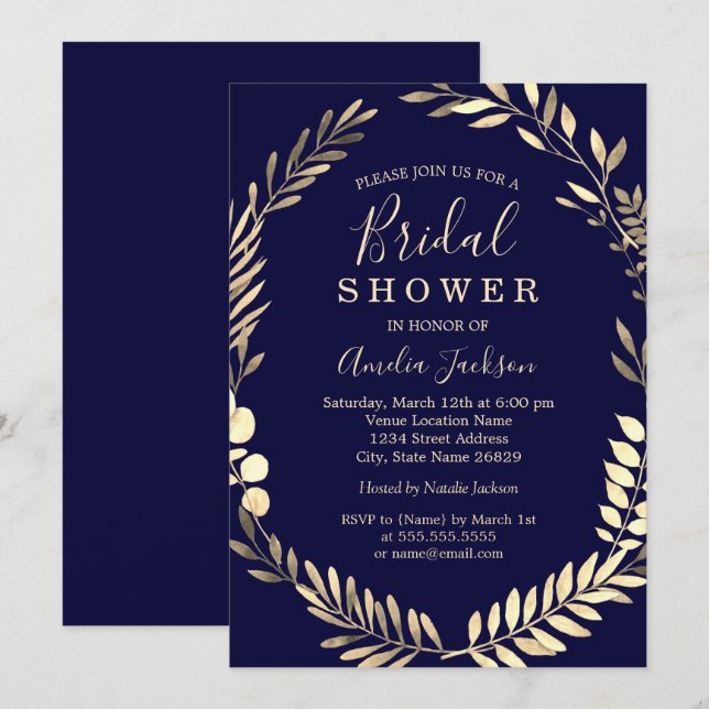 Navy Gold Watercolor Wreath Bridal Shower Invitation (Front/Back)