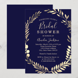 Navy Gold Watercolor Wreath Bridal Shower Invitation