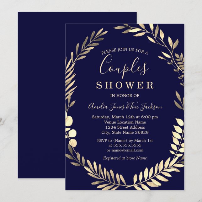 Navy Gold Watercolor Wreath Couples Shower Invitation (Front/Back)