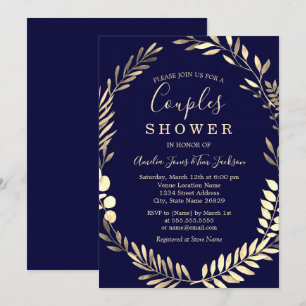 Navy Gold Watercolor Wreath Couples Shower Invitation