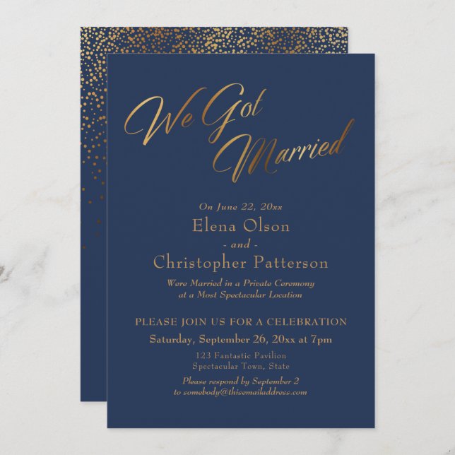 Navy & Gold We Got Married Confetti Reception Invitation (Front/Back)