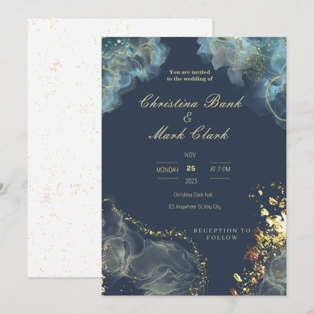 Navy Gold wedding invitation (Front/Back)