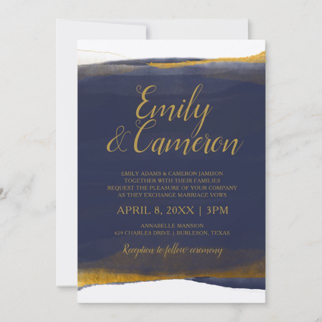 Navy & Gold Wedding Invitations - Watercolor Foil (Front)