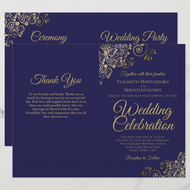 Navy & Gold Wedding Program Invitation Combo (Front/Back)