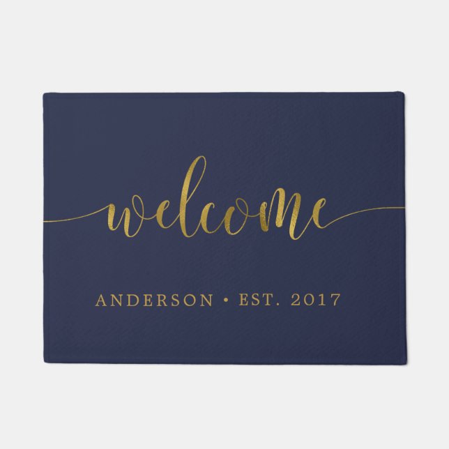 Navy Gold Welcome Calligraphy Personalised Doormat (Front)
