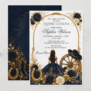 Navy Gold Western Horse Floral Charra Quinceañera Invitation