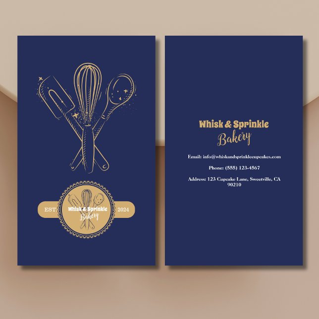 Navy & Gold Whisk Chef Catering Bakery  Business Card (Creator Uploaded)