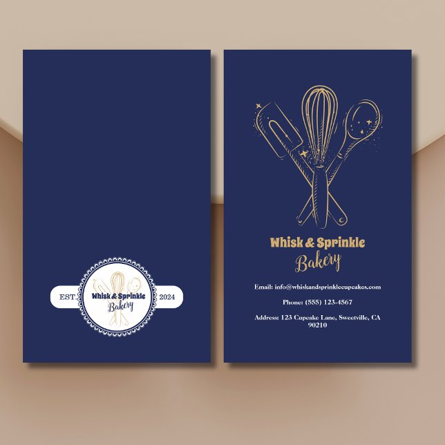 Navy & Gold Whisk Chef Catering Bakery  Business Card (Creator Uploaded)