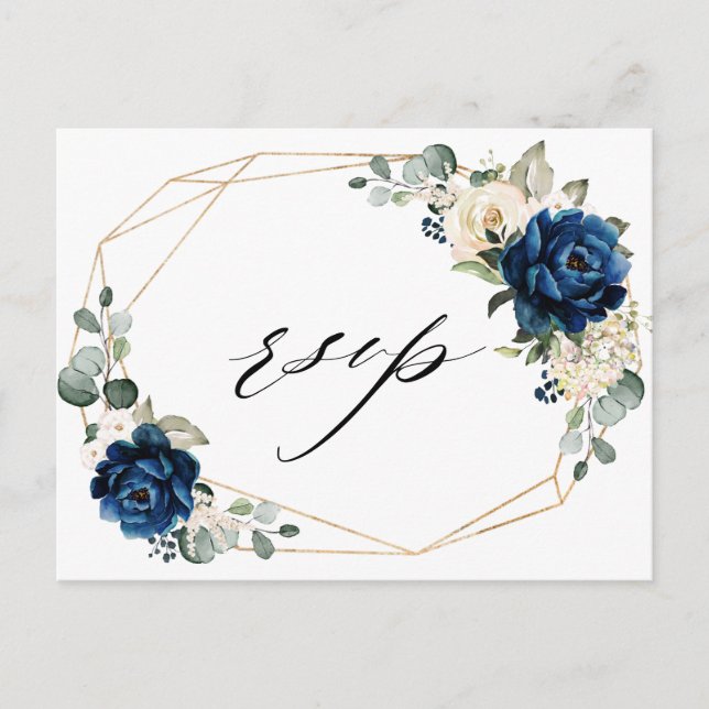 Navy Gold White Champagne Ivory Geometric RSVP Postcard (Front)