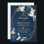 Navy Gold White Champagne Ivory Geometric Wedding  Invitation<br><div class="desc">Dark navy blue floral wedding Invitation featuring elegant bouquet of navy blue, royal blue , white , gold, champagne ivory, blush colour rose , hydrangea, ranunculus, peony, flower buds and sage green eucalyptus leaves and elegant watercolor with round glitter geometric neutral frame. Please contact me for any help in customisation...</div>