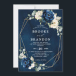 Navy Gold White Champagne Ivory Geometric Wedding  Invitation<br><div class="desc">Dark navy blue floral wedding Invitation featuring elegant bouquet of navy blue, royal blue , white , gold, champagne ivory, blush colour rose , hydrangea, ranunculus, peony, flower buds and sage green eucalyptus leaves and elegant watercolor with round glitter geometric neutral frame. Please contact me for any help in customisation...</div>