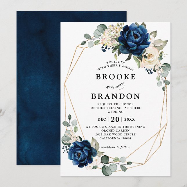 Navy Gold White Champagne Ivory Geometric Wedding Invitation (Front/Back)
