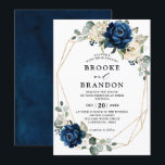 Navy Gold White Champagne Ivory Geometric Wedding Invitation<br><div class="desc">Dark navy blue floral wedding Invitation featuring elegant bouquet of navy blue, royal blue , white , gold, champagne ivory, blush colour rose , hydrangea, ranunculus, peony, flower buds and sage green eucalyptus leaves and elegant watercolor with round glitter geometric neutral frame. Please contact me for any help in customisation...</div>