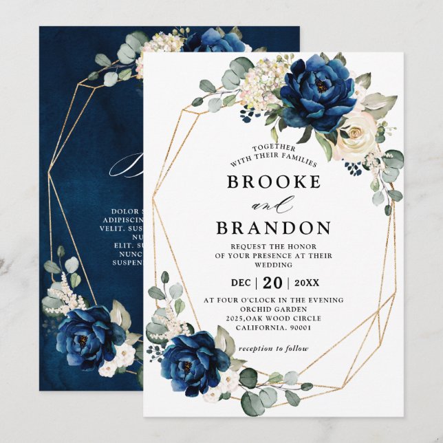 Navy Gold White Champagne Ivory Geometric Wedding Invitation (Front/Back)