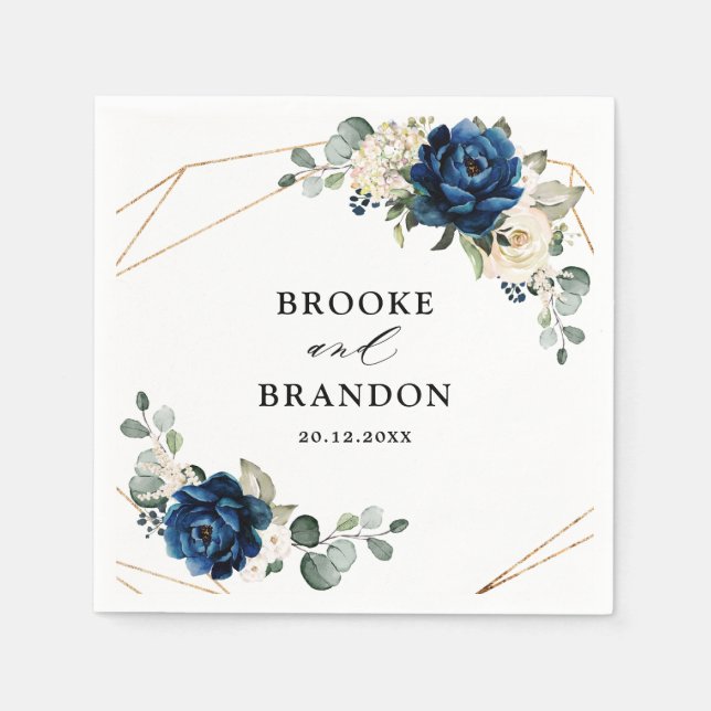 Navy Gold White Champagne Ivory Geometric Wedding Napkin (Front)