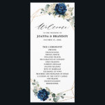 Navy Gold White Champagne Ivory Geometric Wedding Programme<br><div class="desc">Dark navy blue floral wedding program card featuring elegant bouquet of navy blue, royal blue , white , gold, champagne ivory, blush colour rose , hydrangea, ranunculus, peony, flower buds and sage green eucalyptus leaves and elegant watercolor with round glitter geometric neutral frame. Please contact me for any help in...</div>