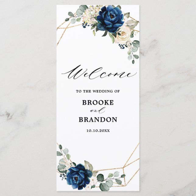 Navy Gold White Champagne Ivory Geometric Wedding Programme (Front)
