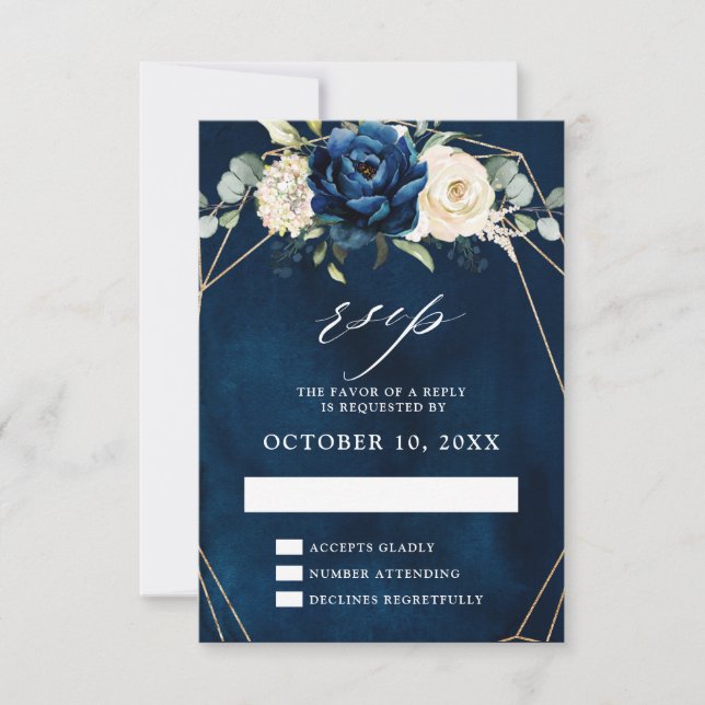 Navy Gold White Champagne Ivory Geometric Wedding  RSVP Card (Front)