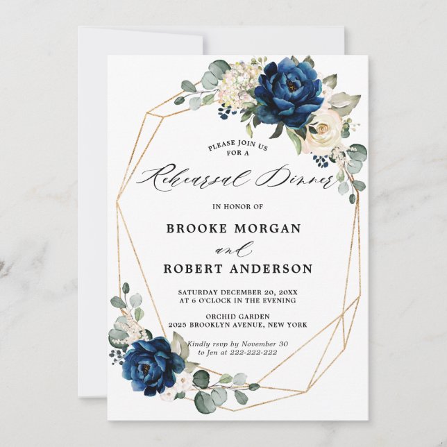 Navy Gold White Champagne Ivory Rehearsal Dinner Invitation (Front)