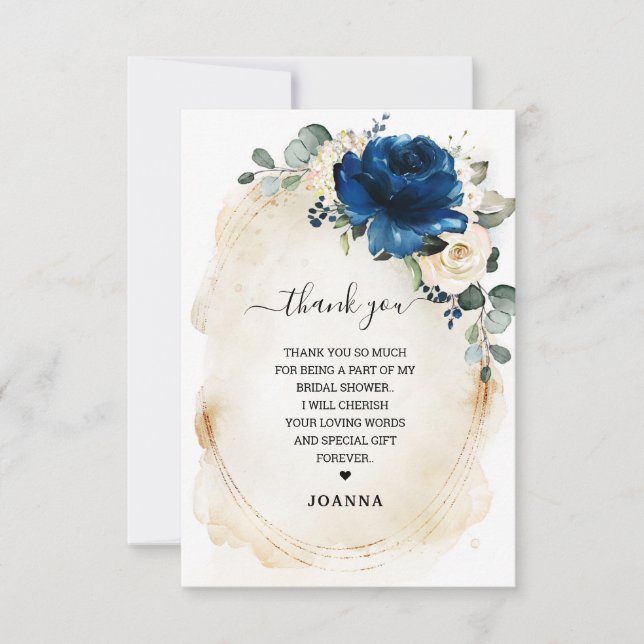 Navy Gold White Champagne Ivory Rose Bridal Shower Thank You Card (Front)