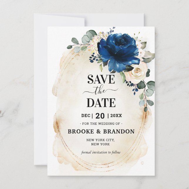 Navy Gold White Champagne Ivory Rose Save the Date (Front)