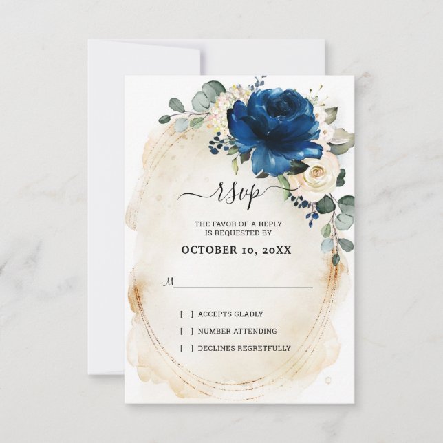Navy Gold White Champagne Ivory Roses RSVP (Front)