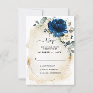 Navy Gold White Champagne Ivory Roses RSVP Card
