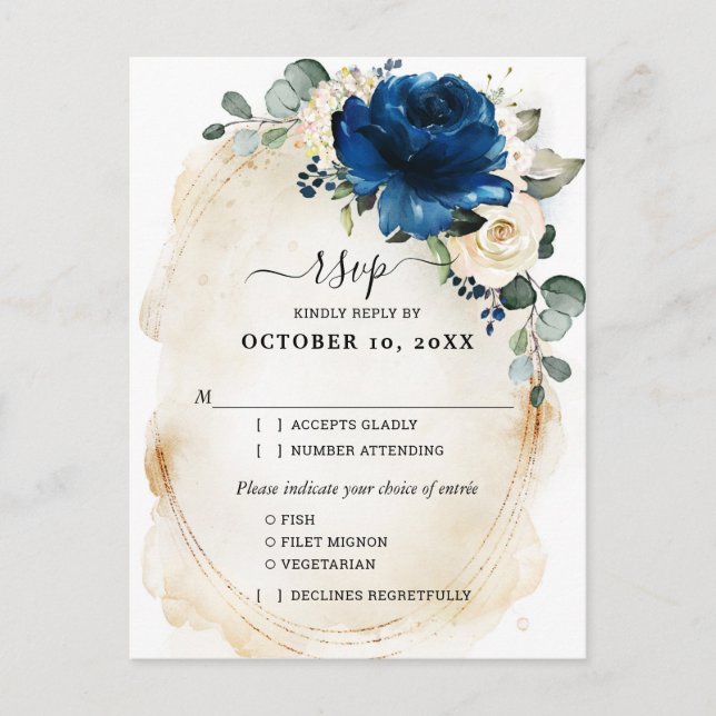 Navy Gold White Champagne Ivory Roses RSVP Postcard (Front)